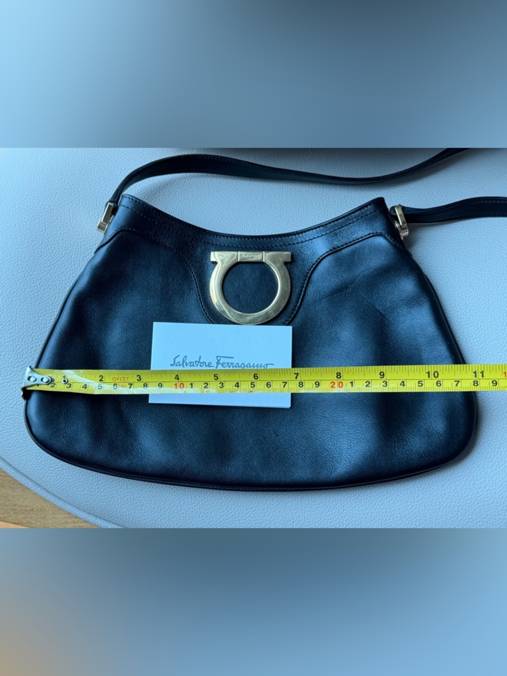 Salvatore Ferragamo Black Leather Shoulder Bag with Signature gold ring logo. - Picture 7 of 9